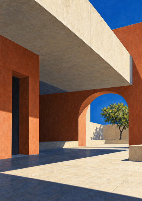 A modernist pavilion with a projecting roof frames a sunlit courtyard, leafy tree, and cobalt sky beyond an arch.
