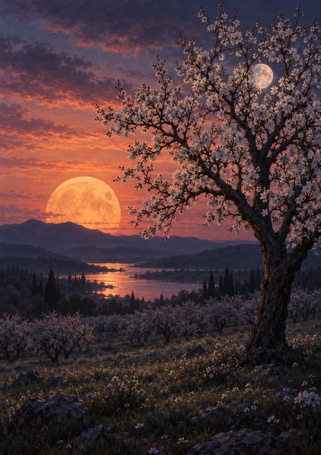 A flowering orchard tree with a small pale moon among its branches, a large amber moon above a dark ridge, and reflective water.
