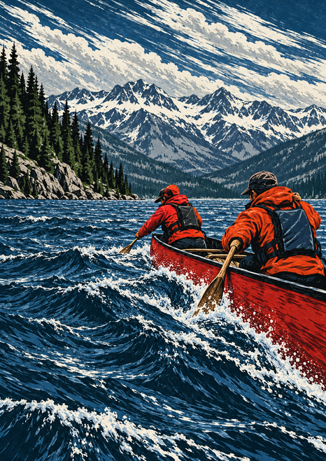 Two paddlers in red-orange jackets crossing choppy blue water in a red canoe, with evergreen shore and snowy mountains behind them.