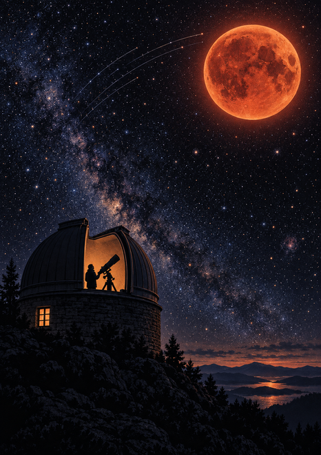 Silhouetted astronomer beside a telescope in an open-domed observatory, beneath a large copper-red moon and starry sky.
