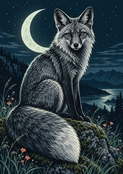 Silver-gray fox with a sweeping tail seated on a mossy flower-speckled rock beneath a crescent moon and mountain landscape.