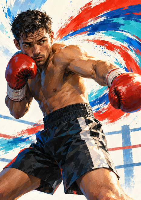 A muscular boxer in dark shorts raises one red glove near his face and thrusts the other toward the viewer against colorful motion arcs.
