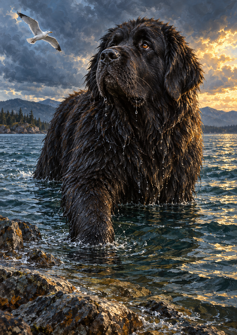 Large shaggy black Newfoundland-type dog standing in a lake and looking toward a gull beneath cloudy skies, with amber light and a rocky shore.