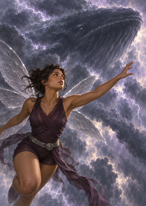 A winged woman reaches toward a huge whale-shaped form amid dark storm clouds and lightning.