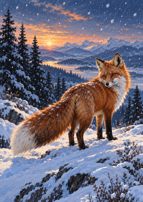 Russet fox looking back from a snowy ridge, with pines, distant hills, falling snow, and an apricot sunset.