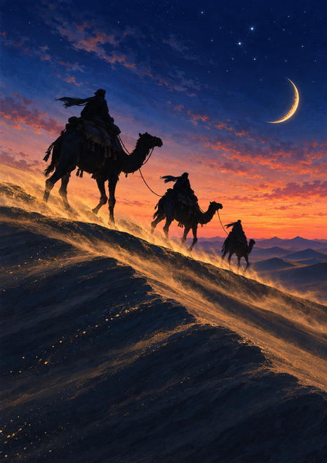 Three camel riders cross a sloping, illuminated dune ridge toward a crescent moon under a starry twilight sky.