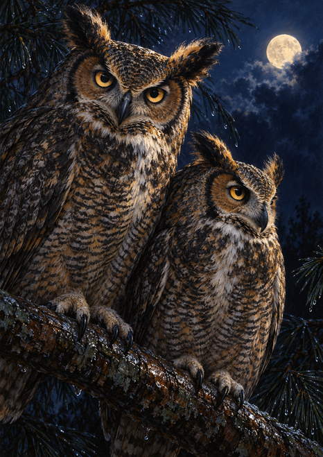 Two horned owls perch close together on a dark branch beneath pine foliage, with amber eyes and a bright moon in a midnight-blue sky.