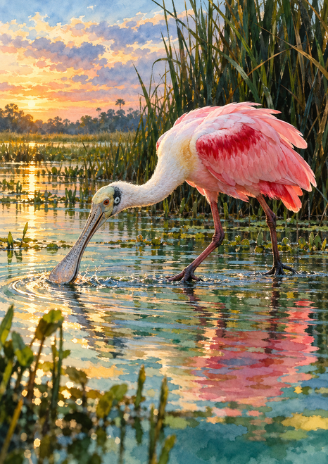 A pink roseate spoonbill wades in reflective marsh water with its long bill lowered near a ripple, reeds, and a colorful sunset sky.