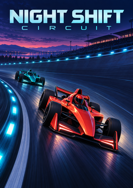 Red and teal single-seat race cars on a cyan-lit circuit at dusk, beneath the words Night Shift Circuit.