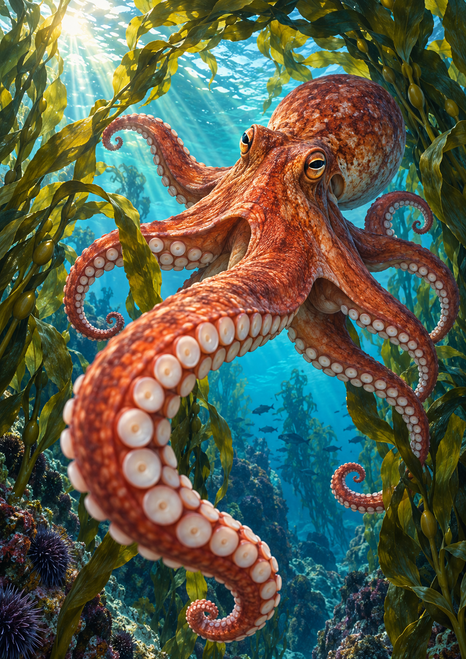 Red-orange octopus with curling, suction-cup-lined arms swimming among kelp in sunlit turquoise water.