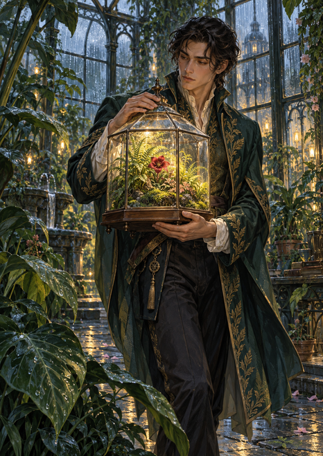 Adult-presenting person in an ornate dark green coat holding a glowing terrarium with ferns and a red flower in a greenhouse.