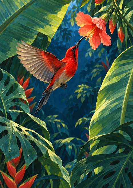 Red-and-gray bird with spread wings and a long curved bill approaching a coral flower among tropical leaves.