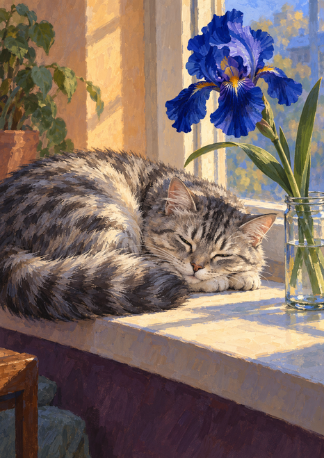 Sleeping silver-gray tabby curled on a windowsill beside a blue iris in a clear jar and leafy plant.