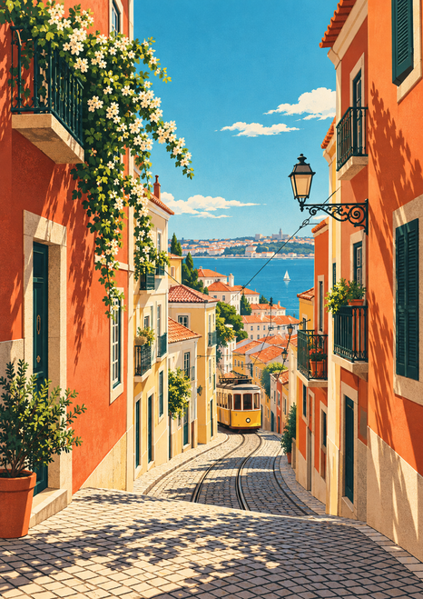 Yellow tram climbing a cobbled street between terracotta buildings toward blue water and a distant skyline.