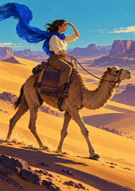 An adult woman in a long cobalt scarf rides a camel across golden dunes toward distant violet mesas beneath a turquoise sky.