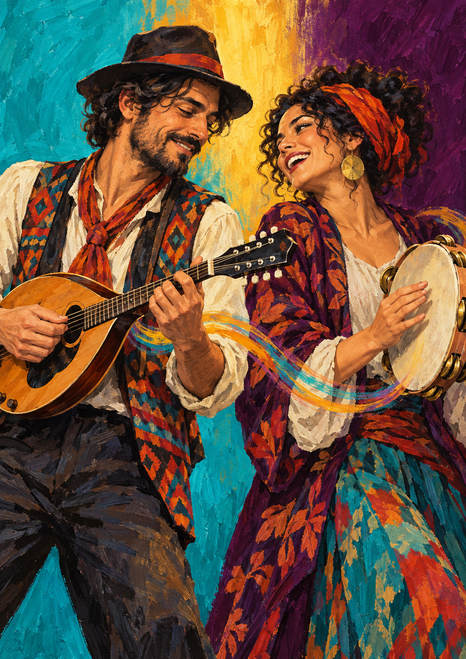 Two adult musicians face each other, one playing a small mandolin-like instrument and the other holding a tambourine, against a turquoise, gold and plum background.