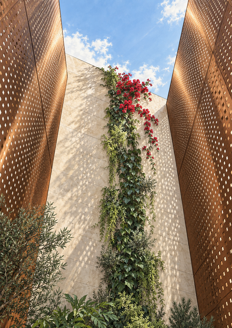 Upward view through copper-toned perforated screens to a red-flowered vine climbing a pale stone courtyard wall beneath blue sky.