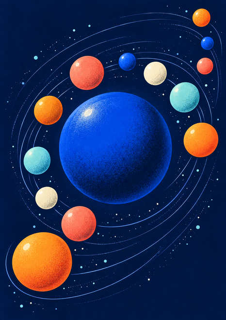 Central cobalt sphere surrounded by twelve colorful discs, fine orbit lines, and small pale dots on a deep blue background.