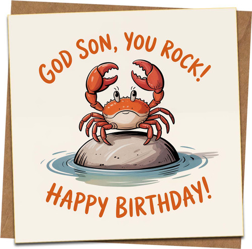 Godson Birthday Card - Funny Crab You Rock Pun, Happy Birthday Greeting, 145mm x 145mm Square, Cute Ocean Design, Includes Kraft Envelope