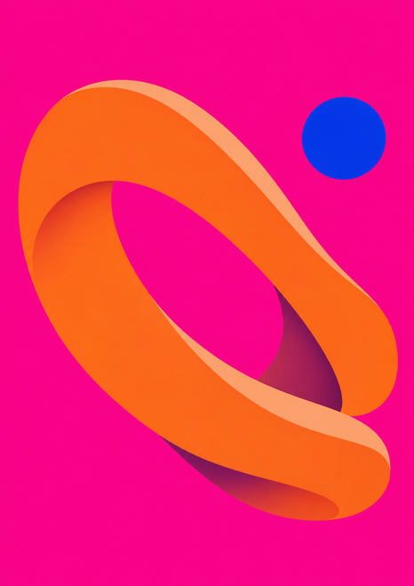 Orange ribbon-like loop and small blue circle on a vivid hot-pink background.