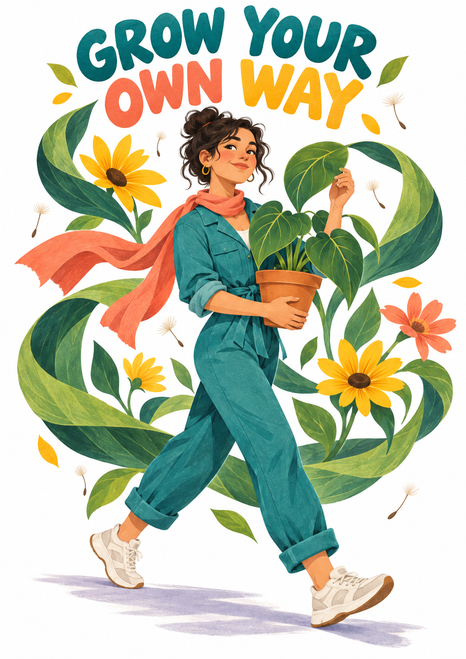 Young adult gardener in teal and coral carrying a leafy potted plant beneath the words “GROW YOUR OWN WAY,” surrounded by flowers and large leaves.