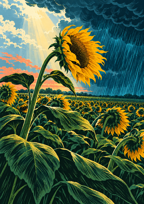 A tall bent sunflower rises above smaller blooms as rain crosses the dark sky at right and sunlight breaks through clouds at left.