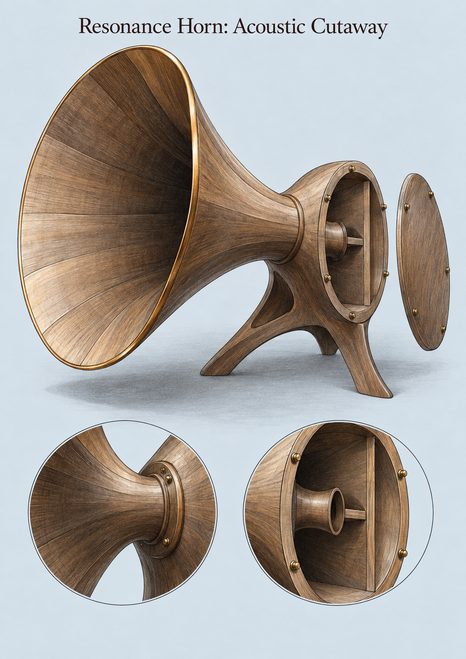 A wooden flared horn with an exposed chamber and detached panel, above two circular detail illustrations on pale blue-gray.