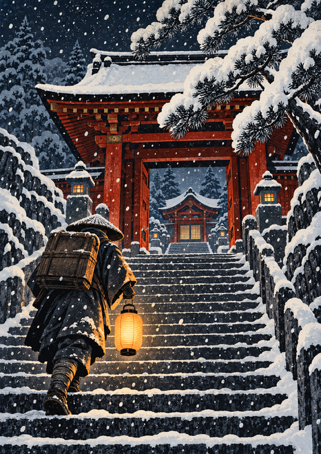 Rear-view bundled courier carrying a glowing lantern up snowy stone steps toward a red gate and distant shrine among snow-covered pines.