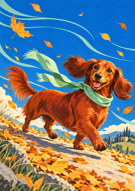 Long-haired reddish-brown dachshund trotting along an autumn path with a mint scarf streaming in the wind among golden leaves.