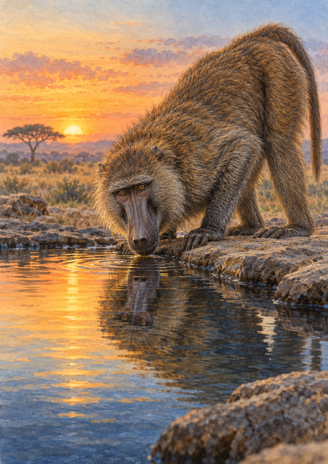 Baboon drinking from a rocky sunrise pool, with its face reflected in amber-lit water and an acacia silhouette in the distance.