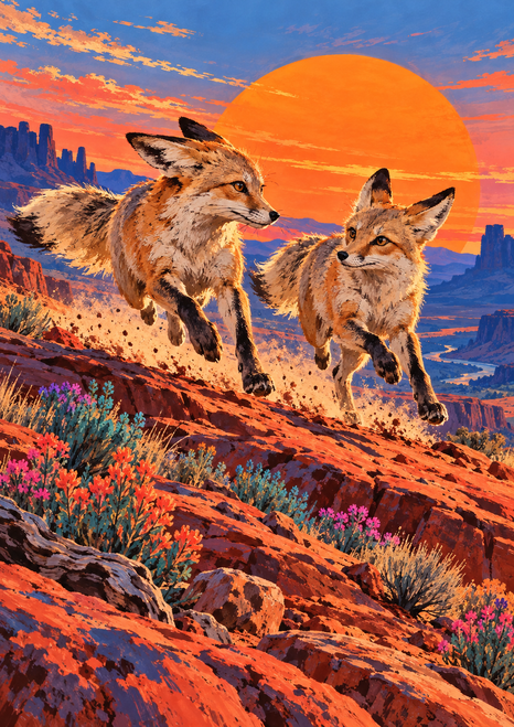 Two foxes leap over a red-rock ridge in front of a large orange setting sun, with blue mesas and colorful foreground flowers.