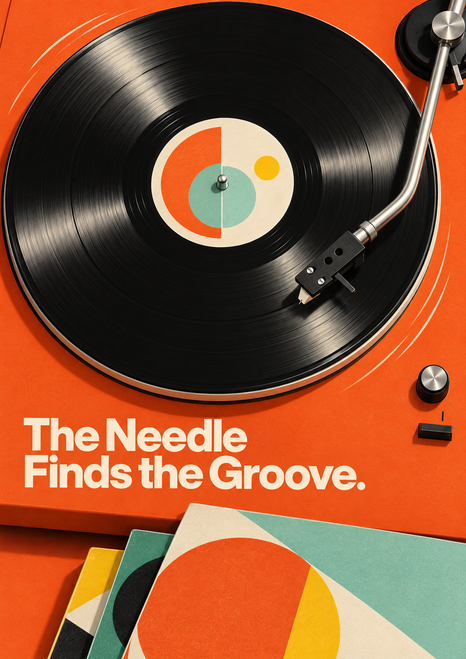 Black vinyl record on an orange turntable with a silver tonearm, colorful record sleeves, and the words “The Needle Finds the Groove.”