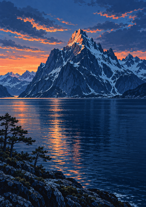 Snow-streaked mountain above dark reflective water, with a warm sunset reflection, distant peaks, rocks and small pines.