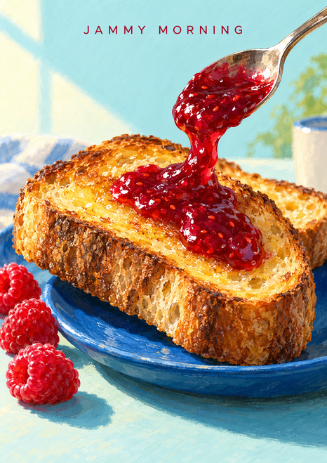 Golden toast topped with glossy raspberry jam on a blue plate, with a spoon, raspberries, and a pale aqua background.