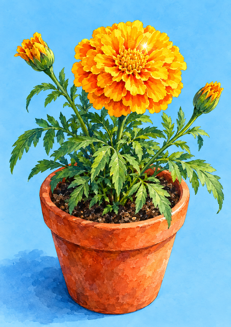 Golden-orange marigold flower and two buds in a terracotta-colored pot against a sky-blue background.