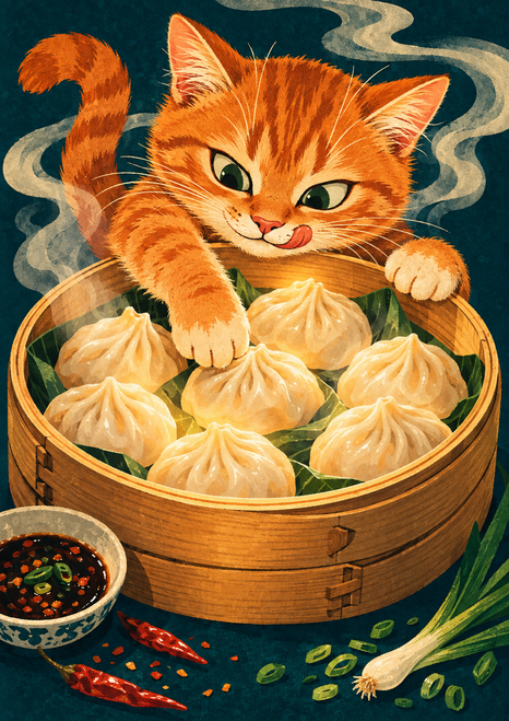 Orange tabby cat reaching toward a dumpling in a bamboo steamer, with steam, a dipping bowl, chilies, and scallions against deep teal.