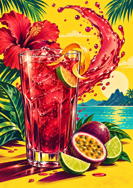 Faceted glass of ruby-red iced drink with citrus and orange peel, hibiscus, passionfruit and lime beneath a sweeping splash in a sunny tropical landscape.