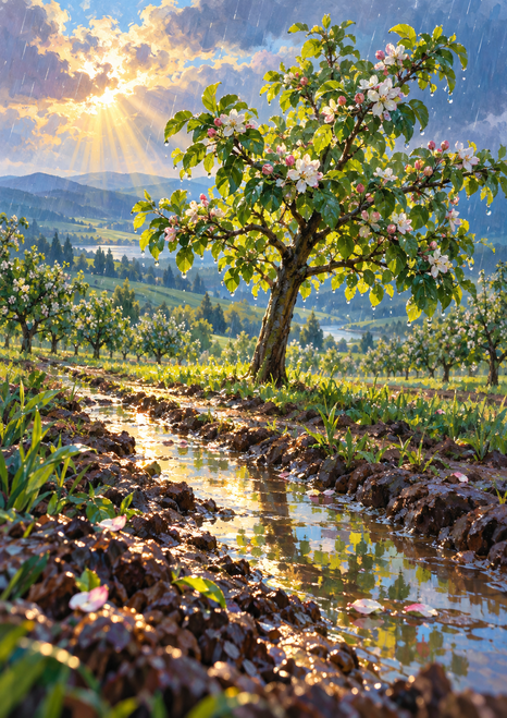 Flowering apple tree in a rain-bright orchard, with a reflective furrow, smaller trees, distant hills and sunbeams.