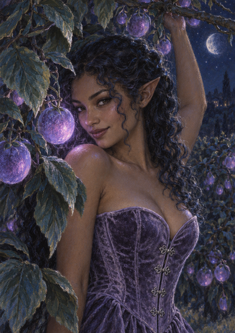 Pointed-eared woman in a purple bodice among glowing violet fruit and leafy branches beneath a moonlit sky.