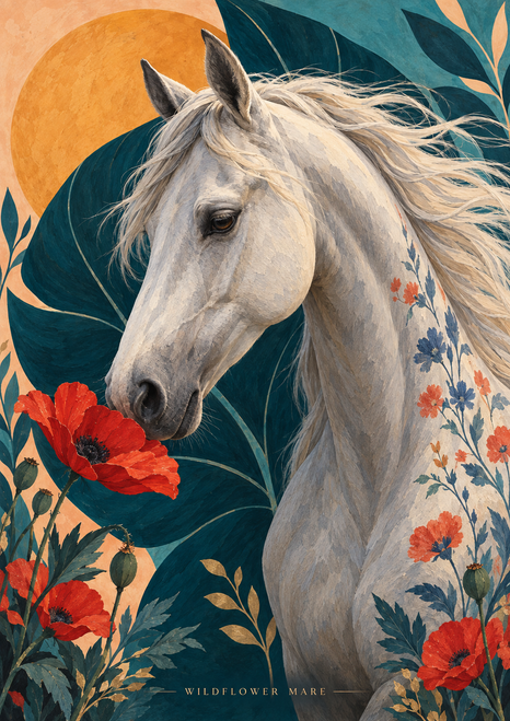A pale mare lowers her muzzle to a red poppy, framed by deep teal foliage and flowers, with small “WILDFLOWER MARE” lettering below.
