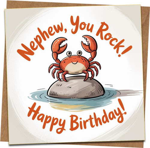 Funny Nephew Birthday Card – Crab on Rock “You Rock!” Design – 145mm x 145mm Square Greeting Card with Kraft Envelope – Cute Ocean Cartoon, Happy Birthday Message