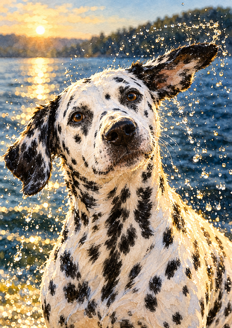 Black-and-white spotted Dalmatian with one ear flung outward and water droplets against dark blue lake water.