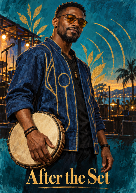 Adult Black man with amber glasses and a blue patterned jacket holding a hand drum on a teal-and-gold outdoor stage; “After the Set” appears below.