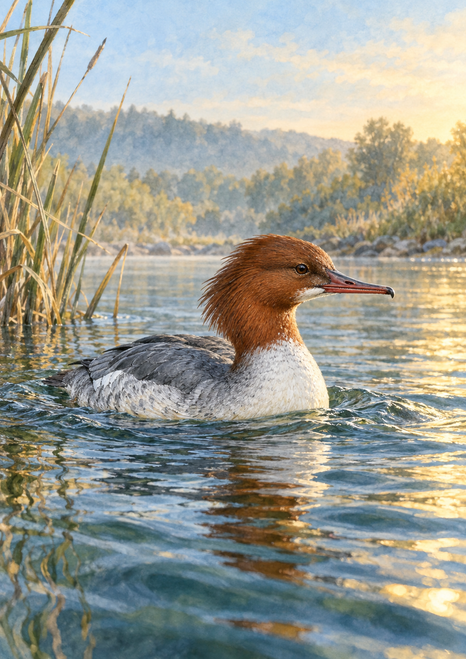 Russet-headed waterbird gliding across a river with reeds at left and a softly lit wooded bank behind.