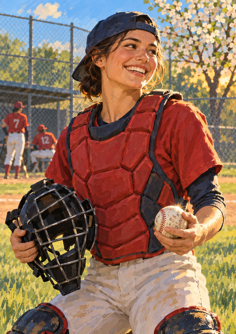 Smiling adult baseball catcher in red gear holding a mask and ball, with teammates and a flowering tree behind.