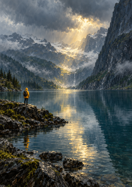 Small hiker in a yellow-orange jacket stands on a rocky shore facing a mountain lake beneath storm clouds and a bright opening in the peaks