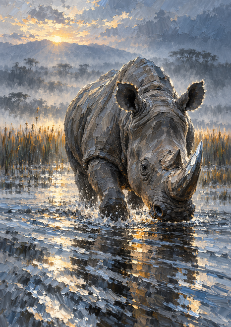 A gray rhinoceros with a prominent horn steps through rippled shallow water before distant reeds and a misty tree line.
