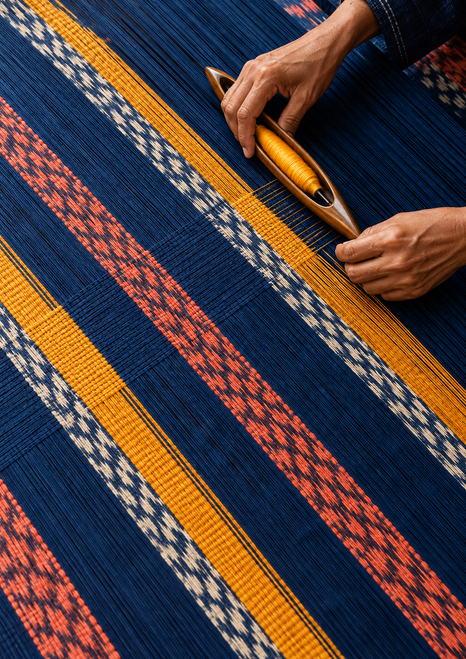 Two hands guide a wooden shuttle across deep-indigo cloth with diagonal saffron, coral, and off-white woven stripes.