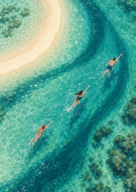 Aerial view of three swimmers in jade water beside a curved pale sandbar and dark teal channel.