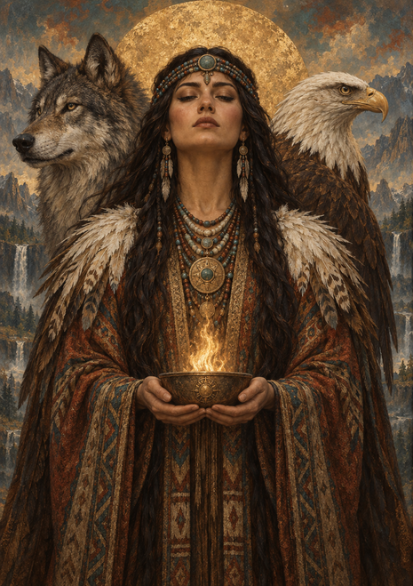 A robed woman holds a flaming bowl, with a wolf on one side, an eagle on the other, and mountains behind her.